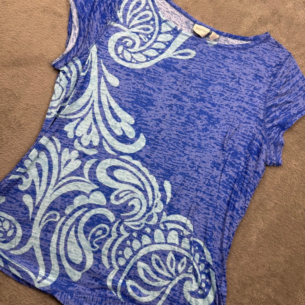 Zenergy by Chico's Top Women 3 Blue Excellent Paisley Burnout Short Sleeve Tee